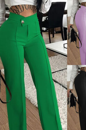 Slim Straight-leg Pants With Buckle Fashion Solid Color Trousers For Womens Clothing