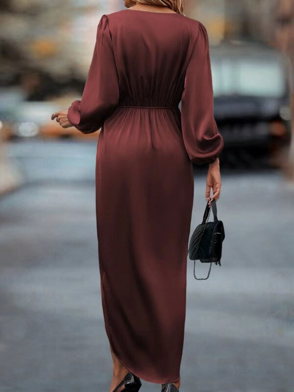 Temperament Pure Color Waist-tight Split V-neck Dress Women - Image 3