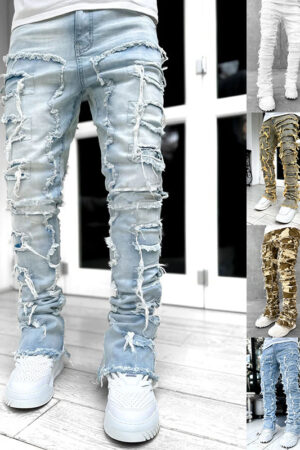 Men Trousers Individual Patched Pants Long Tight Fit Stacked Jeans For Mens Clothing