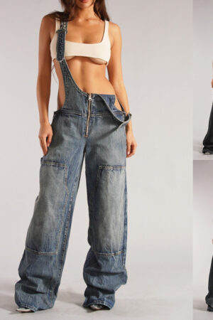 Y2K Zipper Denim Overalls With Pockets Fashion Loose Suspender Jumpsuit Streetwear Jeans Pants Womens Clothing