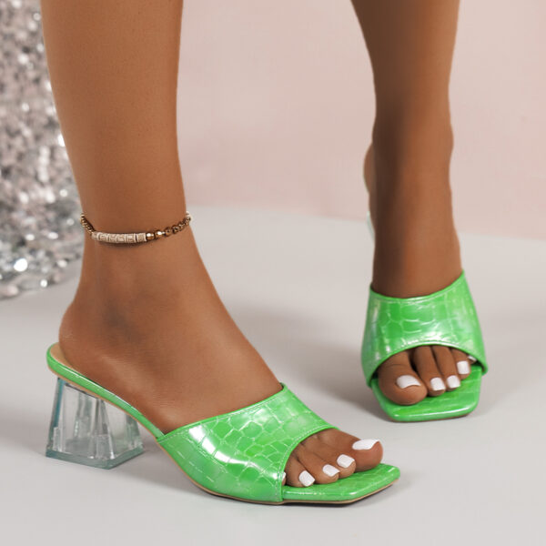 Square-toed High-heeled Slides Slippers Summer Fashion Transparent Crystal Square-heeled Sandals For Women Shoes - Image 4