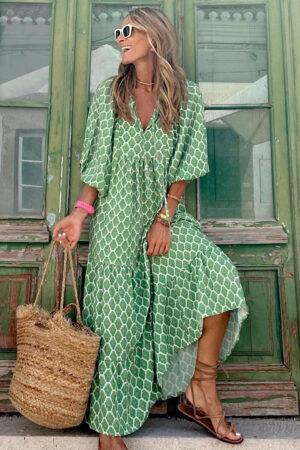 Summer Women's Vintage Printed Bohemian Dress Elegant Ladies Casual Loose V-Neck Short Sleeve Long Dresses