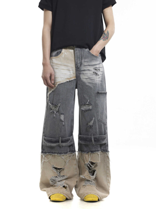 Niche Heavy Industry Washed Damaged Stitching Skinny Jeans