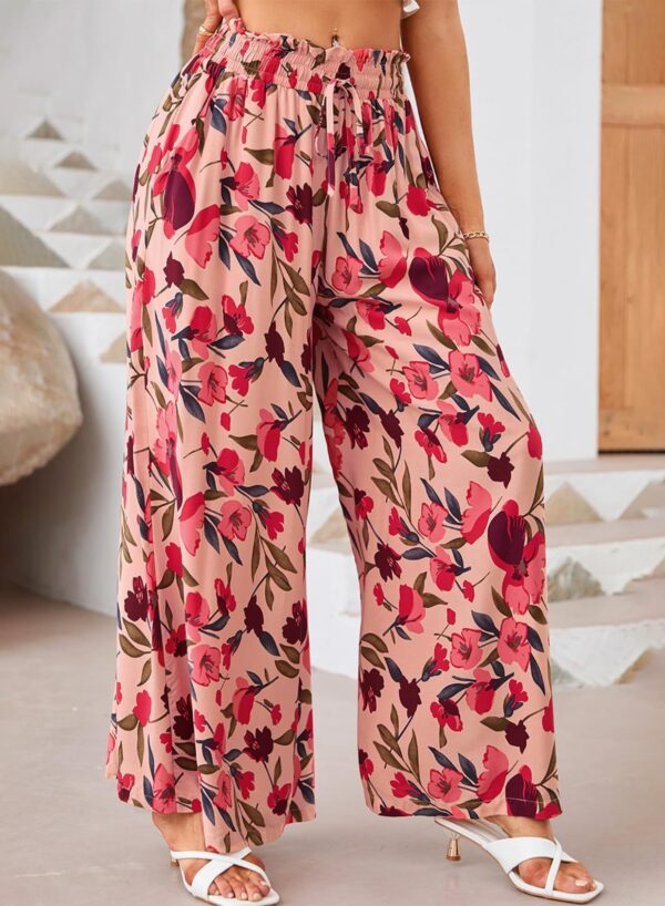 Flowers Printed Wide-leg Trousers Summer Casual Straight Pnats For Women Beach Clothing - Image 5