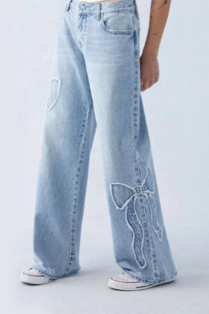 Women's Straight Trousers Embroidered Side Frayed Butterfly Jeans Street Design Hot Girl Baggy Pants