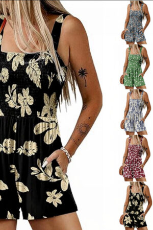 Flower Print Shorts Jumpsuit Summer Fashion Sleeveless Beach Bodysuit