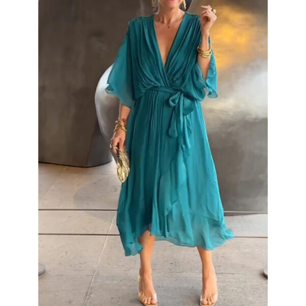Batwing Sleeve V-neck Dress Summer Pure Color Tied Irregular Long Dresses Womens Clothing - Image 10