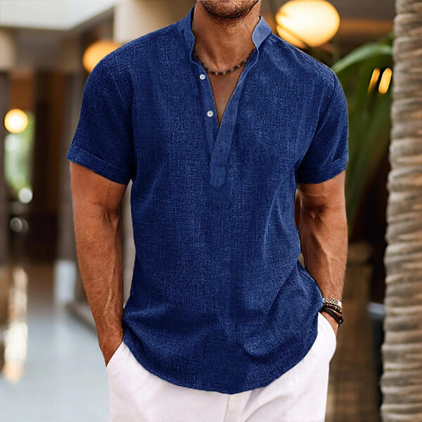 Stand Collar Men's Half Cardigan Cotton And Linen Short Sleeve Shirt - Image 3