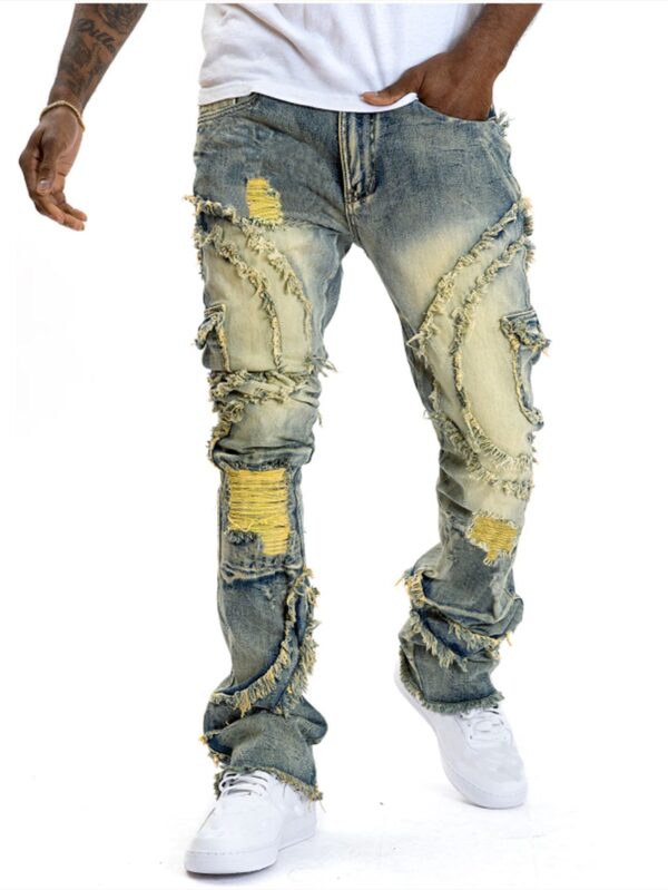 Men's Patchwork Fringe Slightly Flared Stretch Jeans - Image 2