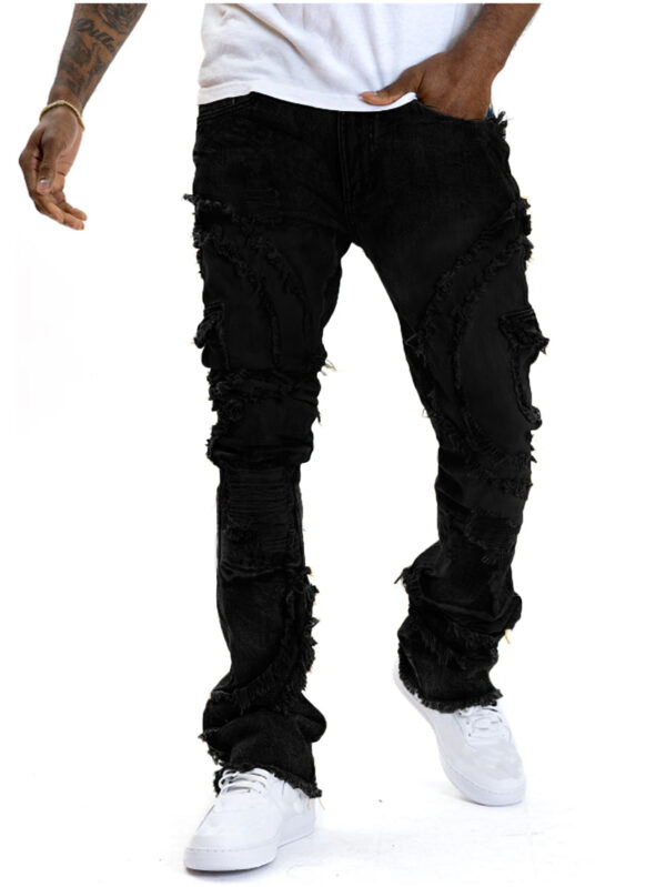 Men's Patchwork Fringe Slightly Flared Stretch Jeans - Image 6