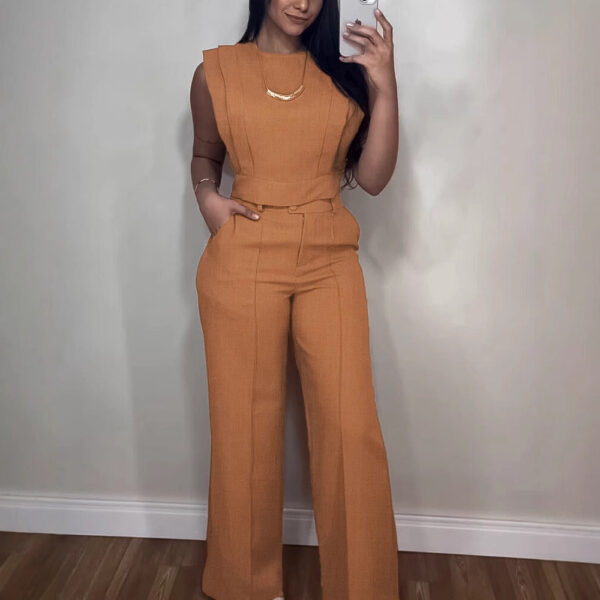 Summer Sleeveless Suit Fashion Round Neck Vest Top And Pocket Straight Pants Casual Trousers Set For Women Clothing - Image 4