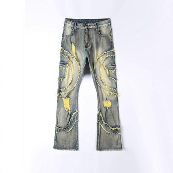 Men's Patchwork Fringe Slightly Flared Stretch Jeans - Image 4