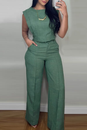 Summer Sleeveless Suit Fashion Round Neck Vest Top And Pocket Straight Pants Casual Trousers Set For Women Clothing