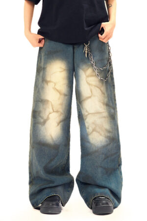 Wide Leg Straight Waste Soil Wind Contrast Color Inkjet Jeans Men