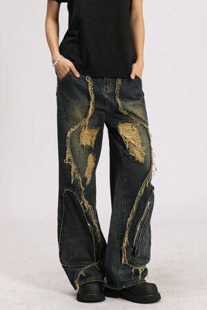 High Street Re-niche Deconstruction Tassel Hole Denim Men's Pants