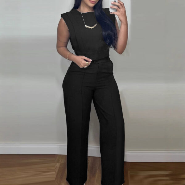 Summer Sleeveless Suit Fashion Round Neck Vest Top And Pocket Straight Pants Casual Trousers Set For Women Clothing - Image 2