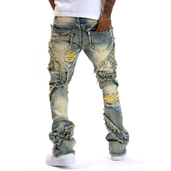 Men's Patchwork Fringe Slightly Flared Stretch Jeans - Image 3