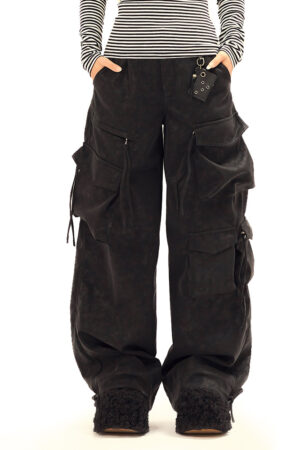 American Style Hip Hop Multi-pocket Workwear Leather Pants Men And Women