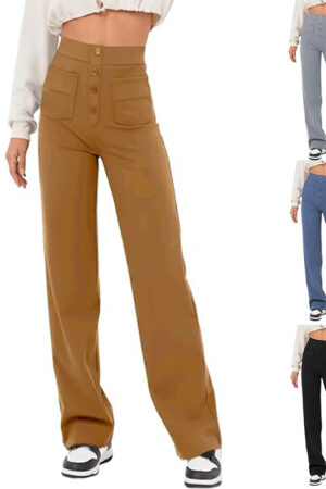 High Waist Trousers With Pockets Casual Loose Wide Leg Button Straight Pants Women's Clothing
