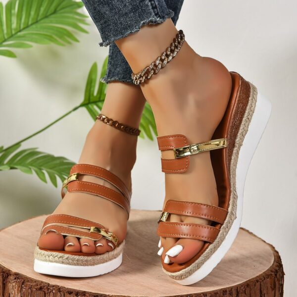 Colorblock-strap Wedges Sandals Summer Fashion Hemp Heel Slides Slippers Outdoor Thick Bottom Fish Mouth Shoes For Women - Image 2