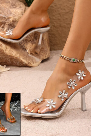 New Sandals For Women Summer Transparent PVC Rhinestone Flowers Slingback Pumps Elegant Square Toe Female Sexy High Heels