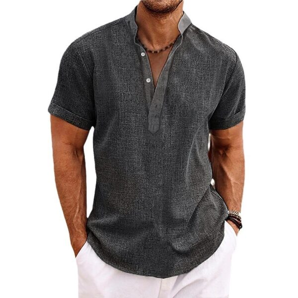 Stand Collar Men's Half Cardigan Cotton And Linen Short Sleeve Shirt - Image 5