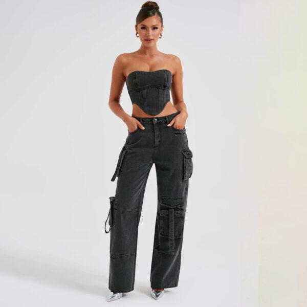 Women's Suit Low Waist Three-dimensional Tube Top And Pocket Stitching Jeans Pants - Image 2