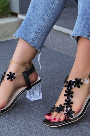 Fashion Flowers Sandals With Transparent High Square Heels Summer Square Toe Shoes For Women