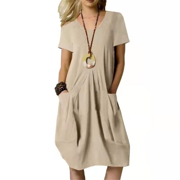 Cotton And Linen Solid Color Loose Round Neck Short Sleeve Dress - Image 5