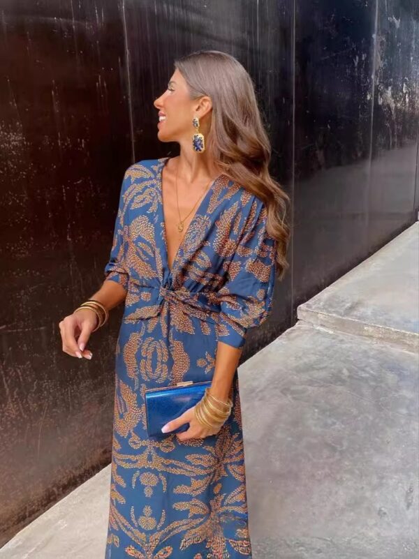 Summer Nine-quarter Sleeve V-neck Painted Dress - Image 2