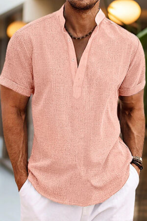 Stand Collar Men's Half Cardigan Cotton And Linen Short Sleeve Shirt