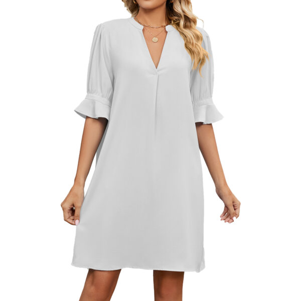 European American Summer New Solid Color And V-neck Loose Pleated Half-length Sleeve Dress - Image 6