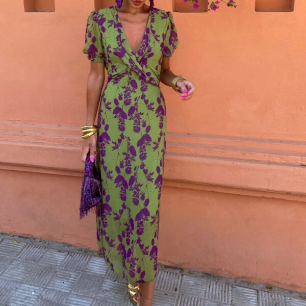 Summer V-neck Short-sleeved Dress Fashion Flowers Printed Slim Beach Dresses For Women Clothing - Image 6