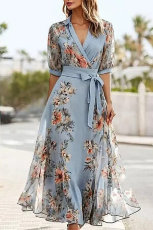 Short Sleeve V-neck Digital Printing Thin Waist Dress
