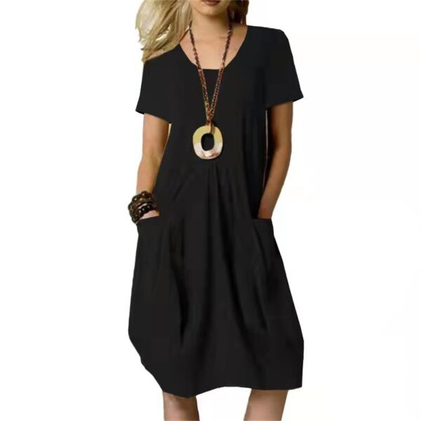 Cotton And Linen Solid Color Loose Round Neck Short Sleeve Dress - Image 2