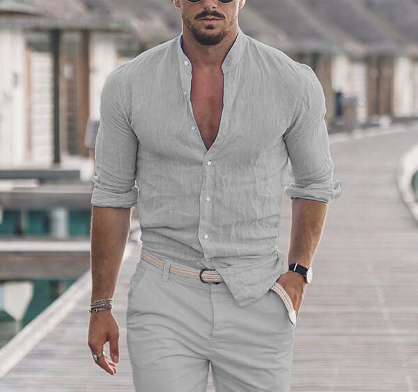 Men's Solid Color Casual Long Sleeve Shirt - Image 8