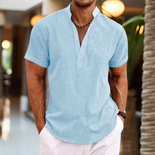 Stand Collar Men's Half Cardigan Cotton And Linen Short Sleeve Shirt - Image 2