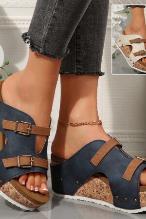 Ins Buckle Wedges Sandals Summer Fish Mouth Thick High Heel Slides Slippers Outdoor Fashion Beach Roman Shoes For Women