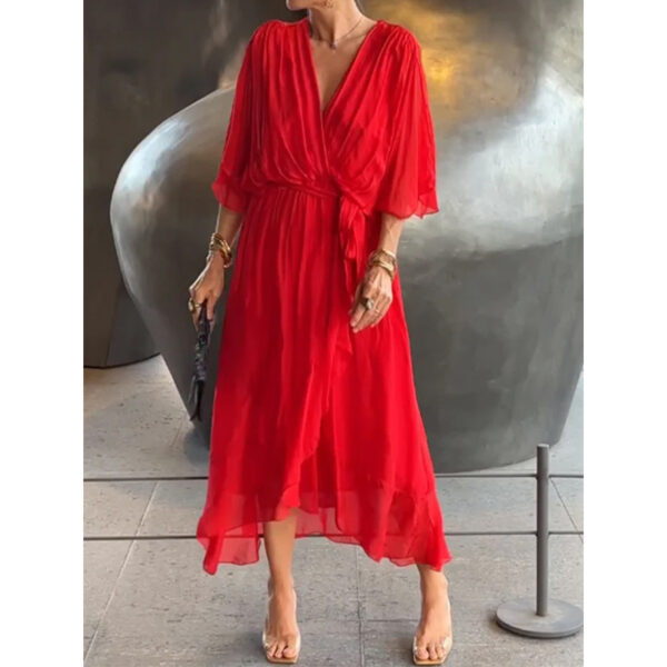 Batwing Sleeve V-neck Dress Summer Pure Color Tied Irregular Long Dresses Womens Clothing - Image 6