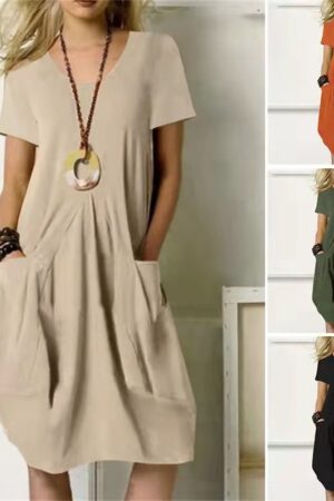 Cotton And Linen Solid Color Loose Round Neck Short Sleeve Dress