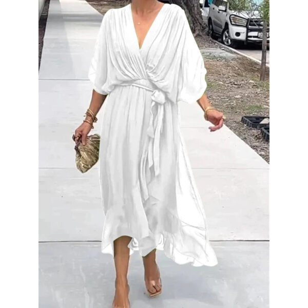 Batwing Sleeve V-neck Dress Summer Pure Color Tied Irregular Long Dresses Womens Clothing - Image 4