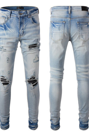 High Street Fashion Brand Light Blue Hole & Patch Stretch Slim Fit Skinny Jeans For Men