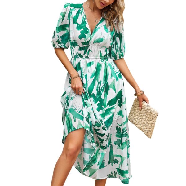 Summer Temperament Waist-controlled V-neck Print Dress - Image 2