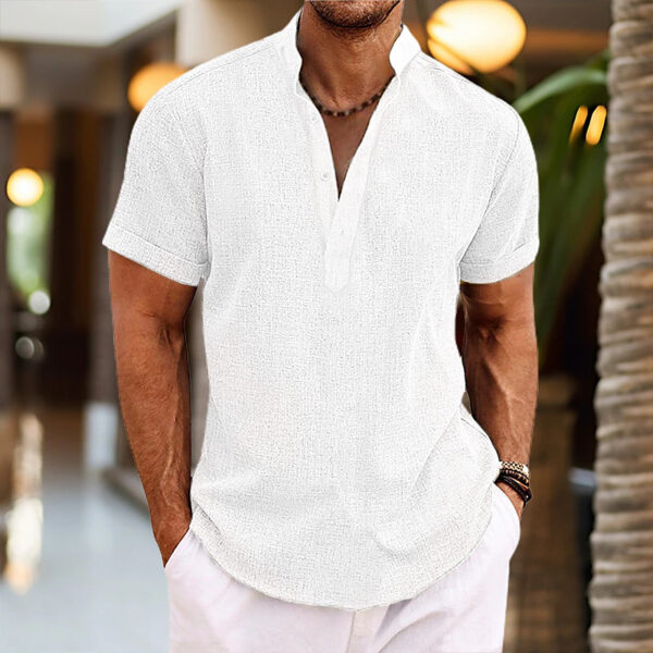 Stand Collar Men's Half Cardigan Cotton And Linen Short Sleeve Shirt - Image 6