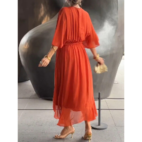 Batwing Sleeve V-neck Dress Summer Pure Color Tied Irregular Long Dresses Womens Clothing - Image 3