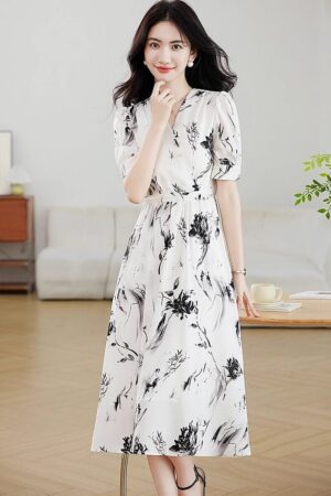 Home 2 Floral French-style Figure-flattering Elegant Dress