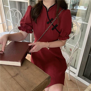 Women's Solid-Color Retro Fitted Waist Slimming French-Style Dress