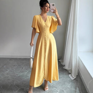 Women's Solid-Colored Split Simple Dress With Petal Sleeves