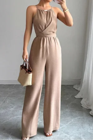 Cinched Waist Sleeveless Tie Up Halter Neck Off Shoulder Comfortable Jumpsuit
