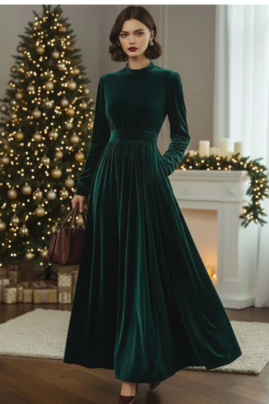 Stand Collar Loose Party Pocket Solid Velvet Long Sleeve Maxi Dress